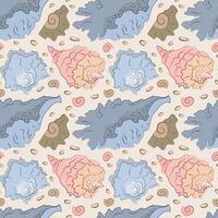 The seamless pattern of shells with a line and a spot. Simple hand drown picture. Orange, pink, blue colours. vector