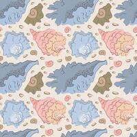 The seamless pattern of shells with a line and a spot. Simple hand drown picture. Orange, pink, blue colours. vector