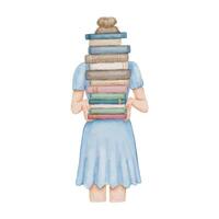 Young female student in dress holds stack of books. Girl with book in hands vector