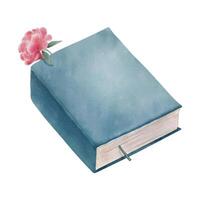 Blue closed book with flower. Hand drawn literature for reading and study. Watercolor illustration vector