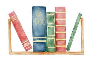 Books on bookshelf in library. Hand drawn literature for reading and study. Watercolor illustration vector