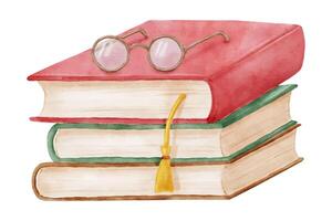 Stack of books with bookmark and glasses. Hand drawn literature for reading and study. Watercolor illustration vector