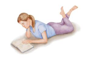 joven mujer es acostado y leyendo libro. acuarela ilustración vector