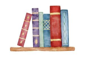 Books on bookshelf in library. Hand drawn literature for reading and study. Watercolor illustration vector