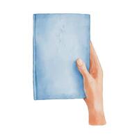 Blue closed book in female hand. Hand drawn literature for reading and study. Watercolor illustration vector