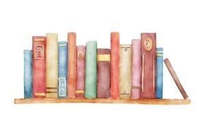 Books on bookshelf in library. Hand drawn literature for reading and study. Watercolor illustration vector