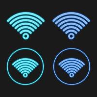 Wifi neón ligero firmar efecto conjunto aislado en negro. 3d azul neón ligero radial ondas. señal firmar, digital tecnología. ilustración. vector