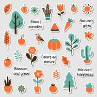 Nature sticker set. Plants, flowers, vegetables, leaves and lettering phrases. Cute floral clip art. vector