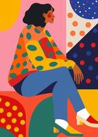 Vibrant polka-dot fashion illustration with geometric background vector