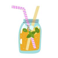 Mason jar with lemonade. home made lemonade with straw and slice of lemon and mint. vector