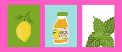 Set of 3 hand drawn cards. Poster with lemon, lemonade and mint. vector