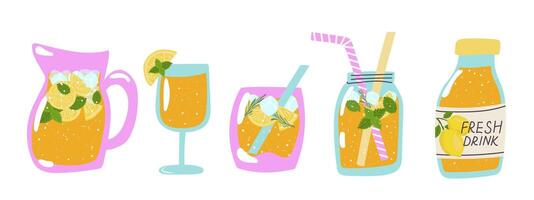 tropical sabor jugo, hielo té y agrios limonada en diferente vaso envase. verano suave bebidas con limón, Romero y menta. vector