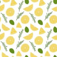 Tropical seamless pattern with yellow lemons, mint and rosemary. Fruit repeated background. vector