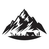 Mountain and camping site illustration in black and white vector