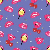 Seamless pattern with sexy women's lips. Lips with cherry and lollipop.Open mouth, sweet kiss. Love theme, feminine design. Blue background vector