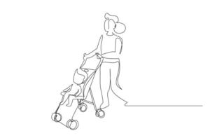 mother child walking outside in the park in the stroller together line art vector