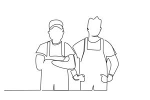 two industrial workers in uniform working professional posing line art vector