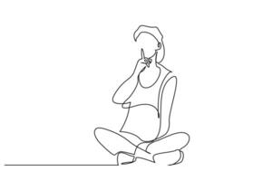 young woman sitting on floor making silence sign with forefinger showing warning line art vector