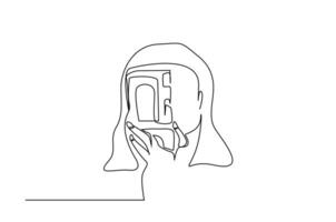 young beautiful woman taking pictures with classic vintage camera protrait line art vector