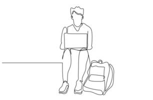 young male freelancer student university using laptop outside near backpack line art vector