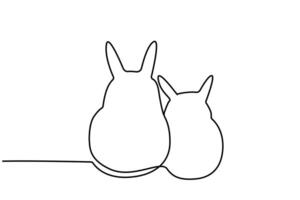 two rabbit bunnies couple lovers hugging back rear behind view one line art vector