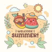 verano vibraciones fiesta playa sandía y mango con linda facial expresiones y pastel color vector