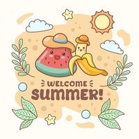 verano vibraciones fiesta playa sandía y plátano sandía con linda facial expresiones y pastel color vector