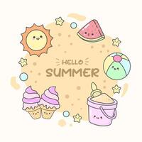 hello summer sun beach ice cream watermelon with cute facial expressions and pastel colour vector