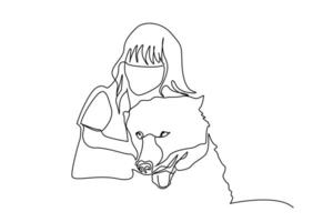 little sweet girl and dog friend hug line art vector