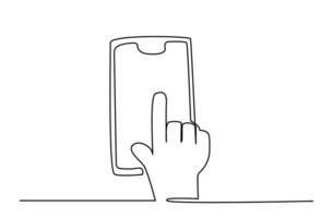 human hand touches the phone with index finger technology icon line art vector