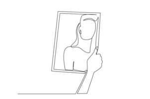 woman girl looking in the mirror thinking line art design vector