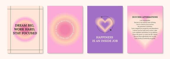 Aesthetic abstract gentle gradient background with ispiration and motivation quotes and phrases posters on blurred pattern. Modern print for social media stories, album covers, banners, templates vector