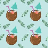 Summer seamless pattern with hand-drawn coconut cocktail and palm leaves. Vintage background with drinks, coconuts, palm leaves and lemons for textiles, wrapping paper, menus. vector