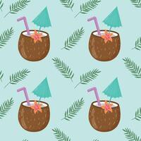 Summer seamless pattern with hand-drawn coconut cocktail and palm leaves. Vintage background with drinks, coconuts, palm leaves and lemons for textiles, wrapping paper, menus. vector