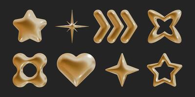 Set of Y2k geometric 3D render gold shapes trendy retro futuristic design elements, infographic shapes. Modern concept with symbols and objects, star, heart illustration for UI and UX vector