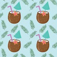 Summer seamless pattern with hand-drawn alcoholic cocktails and palm leaves. Vintage background with drinks, coconuts, palm leaves and lemons for textiles, wrapping paper, menus. vector