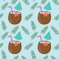 Summer seamless pattern with hand-drawn alcoholic cocktails and palm leaves. Vintage background with drinks, coconuts, palm leaves and lemons for textiles, wrapping paper, menus. vector