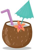 Coconut alcoholic cocktail with straw, umbrella and flower. illustration. Alcoholic drinks are available in the bar menu. Beach holidays, summer holidays, party, cafe bar, vacations. vector