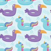 Seamless pattern with blue inflatable unicorn and purple toucan. A float for the pool. Inflatable colorful unicorns and cockatoos. A swimming circle. template for your summer beach design vector