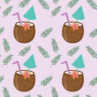 Summer seamless pattern with hand-drawn coconut cocktail and palm leaves. Vintage background with drinks, coconuts, palm leaves and flowers for textiles, wrapping paper, menus. vector