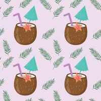 Summer seamless pattern with hand-drawn coconut cocktail and palm leaves. Vintage background with drinks, coconuts, palm leaves and flowers for textiles, wrapping paper, menus. vector