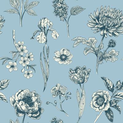 Abstract modern floral seamless pattern with hand drawn flower in Toile de jouy style. Retro elegance repeat print. Vintage design for fabric, wallpaper or wrapping