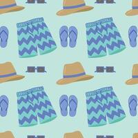 Beachwear, seamless pattern, . Men's shorts, swimming trunks, glasses and a hat on a light blue background. Stock illustration vector