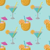 Summer seamless pattern with hand-drawn alcoholic cocktails. Vintage background with drinks, pineapples, martinis on a blue background for textiles, wrapping paper, menus vector