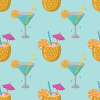 Summer seamless pattern with hand-drawn alcoholic cocktails. Vintage background with drinks, pineapples, martinis on a blue background for textiles, wrapping paper, menus vector