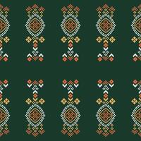 Traditional ethnic motifs ikat geometric fabric pattern cross stitch.Ikat embroidery Ethnic oriental Pixel green background. Abstract,illustration. Texture,decoration,wallpaper. vector