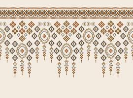 Traditional ethnic motifs ikat geometric fabric pattern cross stitch.Ikat embroidery Ethnic oriental Pixel brown cream background. Abstract,illustration. Texture,scarf,decoration,wallpaper. vector