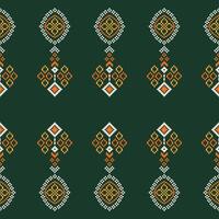 Traditional ethnic motifs ikat geometric fabric pattern cross stitch.Ikat embroidery Ethnic oriental Pixel green background. Abstract,illustration. Texture,decoration,wallpaper. vector