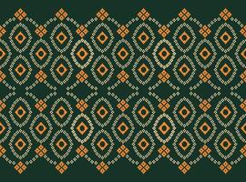 Traditional ethnic motifs ikat geometric fabric pattern cross stitch.Ikat embroidery Ethnic oriental Pixel green background. Abstract,illustration. Texture,decoration,wallpaper. vector