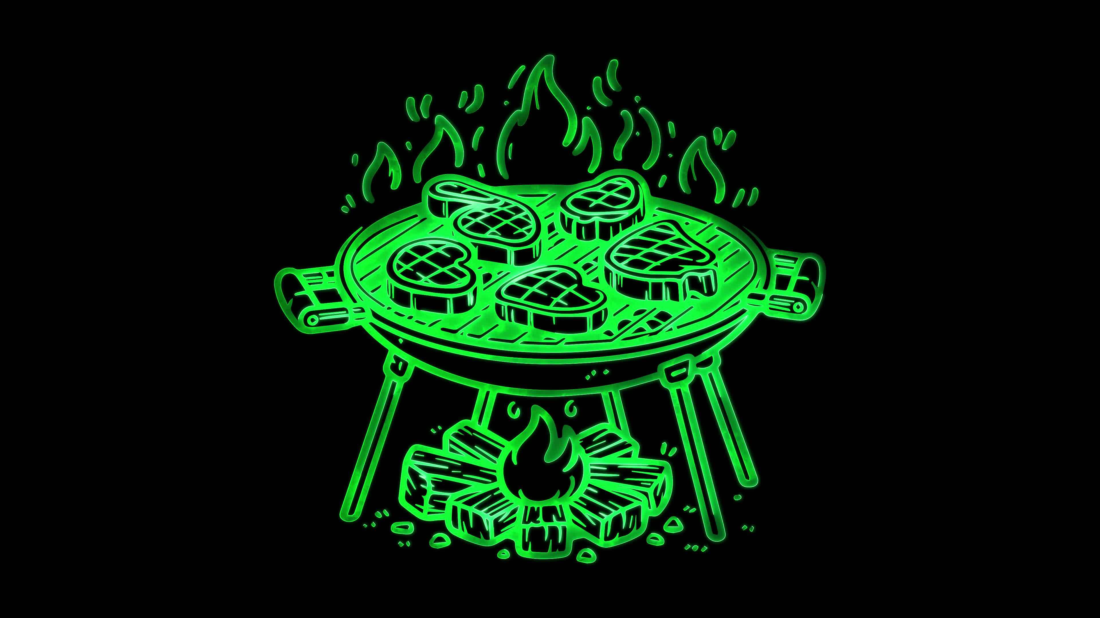 Glowing looping icon beef being grilled over an open flame neon effect